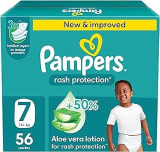 Pampers Rash Protection Taped Diapers, Size 7, 15+kg, +50% Aloe Vera Lotion for Rash Protection, 3x Fortified Layers for Leakage Protection, Jumbo Box, 56 Count