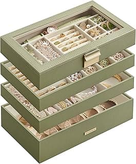 SONGMICS SONGMICS Stackable Jewelry Trays, 4-Tier Jewelry Box, Drawer Jewelry Organizer, with Glass Lid, Removable Dividers, for Vanity Table, 6.7 x 11 x 7.2 Inches, Gift Idea, Laurel Green UJBC164C02