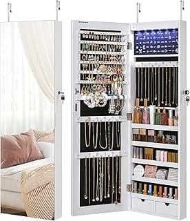 SONGMICS SONGMICS Hanging Jewelry Cabinet, Wall-Mounted Cabinet with LED Interior Lights, Door-Mounted Jewelry Organizer, Full-Length Mirror, Gift Idea, White UJJC99WT