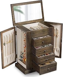 Emfogo Emfogo Jewelry Box for Women, 5 Layer Large Wood Jewelry Boxes & Organizers for Necklaces Earrings Rings Bracelets, Rustic Jewelry Organizer Box with Drawers and Mirror(Vintage)