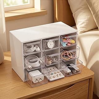 Jewelry Organizer Box, 9-Compartment Desktop Storage Box with Drawers, Multi-Compartment Plastic Jewelry Storage Organizer for Desk, Office, or Vanity (White)