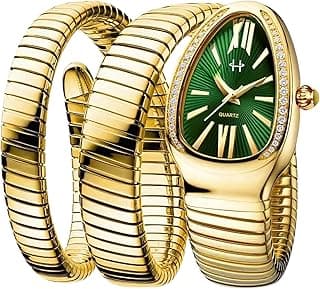 HORAME Serpentine Snake Watch For Woman with Spiral Bracelet, Roman Number Green Dial Watch For Woman With Quartz, Stylish Analog Waterproof Serpenti Watches Women, Luxury Metal Bezel Golden Watches For