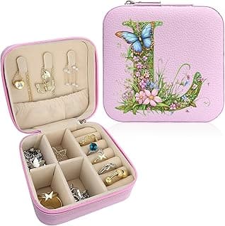 Monogram Jewelry Box Portable Print Jewelry Box, Pink Compact Jewelry Box Travel Jewelry Case Travel Case Organizer Bag Storage Box Jewelry Holder For Necklace Earrings Rings Bracelet (Letter L)