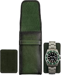 A-SLIM A-SLIM Tokei | Leather Watch Travel Pouch | Men’s Leather Watch Travel Case with Flap Closure | Burnished Green
