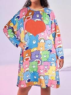 Plus-Size Women's Long-Sleeved Nightgown: Decorated With Teddy Bears and Bright Red Heart Patterns, Round Neck, Soft Fabric