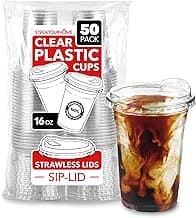 16 oz Clear Plastic Cups with Lids Disposable, Togo Drinking Cup with Strawless Sip Lid for Smoothie, Cold Brew Iced Coffee, Lemonade, Ice Latte, Boba, Party Drinks, Bulk, 16 Ounce (Set of 50)