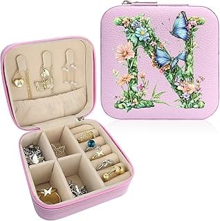 Monogram Jewelry Box Portable Print Jewelry Box, Pink Compact Jewelry Box Travel Jewelry Case Travel Case Organizer Bag Storage Box Jewelry Holder For Necklace Earrings Rings Bracelet (Letter N)