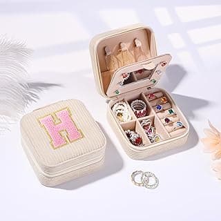 Personalized Jewelry Box Beige Travel Jewelry Case with Initial Small Monogrammed Organizer for Women Travel Essentials Gifts for Birthday Christmas Trendy Stuff