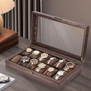 Homarket Homarket 12 Slots Watch Box Wood Watch Case Organizer Mens Women Large Watch Storage Box Wooden Watch Display Case with Glass Top