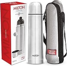 Milton Flip Lid 1000 Thermosteel 24 Hours Hot and Cold Water Bottle with Bag, 1 Litre, Silver