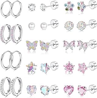 FIOROYAL 14 Pairs Hypoallergenic Earrings for Women Girls Surgical Steel Screw Back Earring for Sensitive Ears Cute Flower Butterfly Heart CZ Flat Back Earrings Girls Jewelry Gift