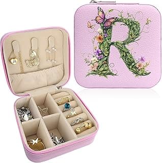 Monogram Jewelry Box Portable Print Jewelry Box, Pink Compact Jewelry Box Travel Jewelry Case Travel Case Organizer Bag Storage Box Jewelry Holder For Necklace Earrings Rings Bracelet (Letter R)