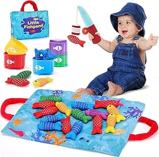 Toddler Montessori Toys for 1 Year Old Boy Girl Birthday & Ramadan Gift, 10 in 1 Cloth Fishing Game with Stacking Cups- Number Counting, Color Sorting, Shape Learning Toddles and Babies
