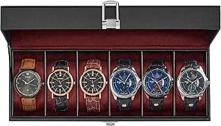 SONGMICS SONGMICS Watch Box, 6-Slot Watch Case with Large Glass Lid, Removable Watch Pillows, Watch Box Organizer, Gift for Loved Ones, Black Synthetic Leather, Wine Red Lining UJWB006R01