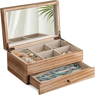 Meangood Meangood Jewelry Box Organizer for Women, 2 Layer Large Jewelry Storage Case, Rustic Wooden Jewelry Box with Mirror & Ring Tray for Necklace Earring Bracelets Rings, Vintage Style (Torched Wood)