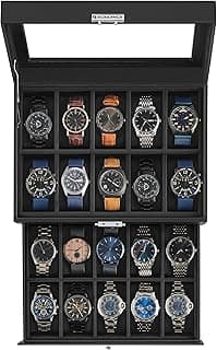 SONGMICS SONGMICS Watch Box, 20-Slot Watch Case Organizer with Large Glass Lid, Removable Pillows, Metal Lock, Valentine's Day Gifts, Black Synthetic Leather, Black Lining UJWB020B01