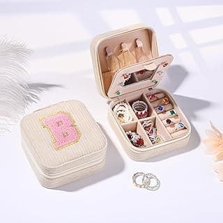 Personalized Jewelry Box Beige Travel Jewelry Case with Initial Small Monogrammed Organizer for Women Travel Essentials Gifts for Birthday Christmas Trendy Stuff