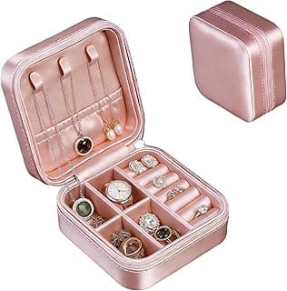 DHB tech Poratble Mini PU Leather Small Jewelry Box,Exquisite Jewelry Organizer with Necklace Holder,Earring Rolls and Compartments,Travel Jewelry Case,Earring Necklace Bracelet Ring Holder Box for Women Girl