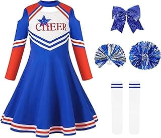 LOLANTA LOLANTA Girls Blue Cheerleader Outfit, Kids Long Sleeve Cheerleading Costume with Pompoms, High School Musical Costume (Blue, 14-15 Years, Tag Size 170)