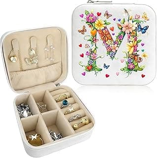 Monogram Jewelry Box Portable Print Jewelry Box, White Compact Jewelry Box Travel Jewelry Case Travel Case Organizer Bag Storage Box Jewelry Holder For Necklace Earrings Rings Bracelet (Letter M)