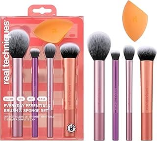 Real Techniques Everyday Essentials 2.0 with Miracle Complexion Sponge Set: 5-Piece Multi-Tasking Makeup Brush Set with Soft Synthetic Nylon Bristles and Aluminum Ferrules