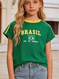 Girls Brasil Graphic Short Sleeve T-Shirt, Crewneck Summer Casual Cotton Blend Sports Tees (13Y-15Y)