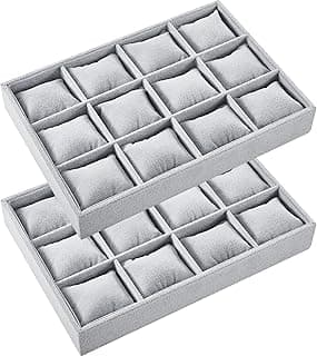 Henoyso Henoyso 2 Pieces Velvet Watch Tray Jewelry Organizer Stackable Watch Bracelet Bangle Display Holder Adjustable Pillow, 12 Grid, Engineered Wood