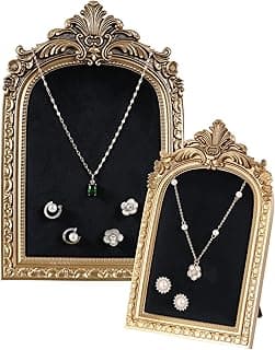 Wonderjune Wonderjune 2 Pcs Gold Jewelry Display Holder Vintage Necklace Stand Earring Tray Jewelry Photography Props Frame Organizer with Velvet Backing for Women Gifts(Black,Large,Small)