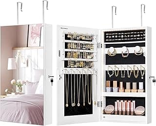 SONGMICS SONGMICS Mirror Jewelry Cabinet Armoire with Built-in LED Lights, Wall or Door Mounted Jewelry Storage Organizer, 3.8 x 14.6 x 26.4 Inches Hanging Mirror Cabinet, Gift Idea, White UJJC050W01