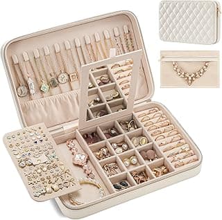 Lolalet Lolalet Travel Jewelry Case for Women, Travel Jewelry Organizer Box with Mirror & Clear Storage Bag, Small Portable Traveling Ring Case for Earrings Necklace Bracelet Rings -Large, White