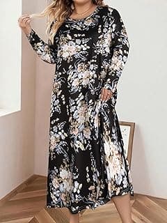 Plus-Size Women's Long-Sleeved Nightgown: Black Base With Soft Pastel Floral Print, Round Neck, Soft Fabric, Loungewear