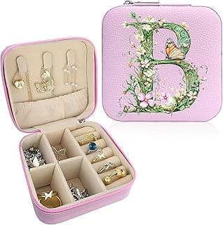 Monogram Jewelry Box Portable Print Jewelry Box, Pink Compact Jewelry Box Travel Jewelry Case Travel Case Organizer Bag Storage Box Jewelry Holder For Necklace Earrings Rings Bracelet (Letter B)