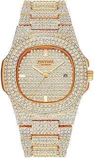 PINTIME Luxury Mens/Womens Unisex Diamond Watch Bling Iced-Out Watch Oblong Wristwatch Crystal Quartz Watch