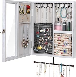 Keebofly Keebofly Wall Mounted Jewelry Organizer With Rustic Wood Large Space Jewelry Cabinet, Holder, Storage Box for Necklaces, Earrings, Bracelets, Ring Holder, and Accessories White