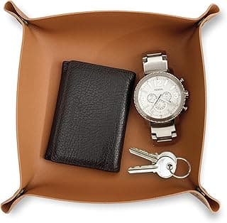 TERRIFI Leather Valet Tray, Square Catchall Organizer for Desk Bedside Entryway, Gold Corner Accents, Compact 25x25cm, Storage for Keys Jewelry Stationery, Brown