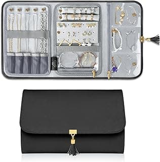 MATEIN MATEIN Jewelry Organizer for Women, Big Vegan Leather Travel Roll Bag with Clear Pockets, Tangle-Free Necklace Holder Case for Daily Earrings Rings Bracelets, Great Ladies Gift, Black