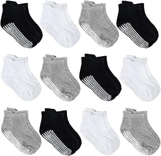 Tenpluszero 12 Pairs Anti Slip Baby Ankle Socks with Non Skid Grips for Toddler Kids Boys Girls (12Pairs - Black,White,Grey, 1-3 Years)