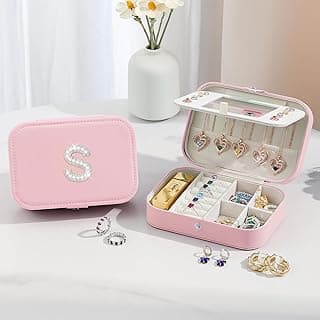 Travel Jewelry Case Gifts Earring Jewelry Box Christmas Gifts for Sister Bracelet Organizer Ring Box Small Stud Erring Case with Mirror Pink Letter A-Z