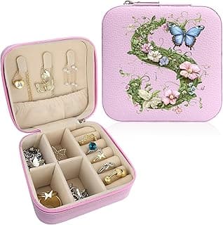 Monogram Jewelry Box Portable Print Jewelry Box, Pink Compact Jewelry Box Travel Jewelry Case Travel Case Organizer Bag Storage Box Jewelry Holder For Necklace Earrings Rings Bracelet (Letter S)