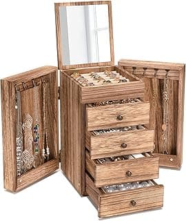 Emfogoo Emfogoo Women's Jewellery Box Organizer, Large Wooden Jewellery Organizer with Mirror, Women's Jewellery Box with 4 Layers Drawer, Women's Jewellery Box for Bracelets, Earrings, Rings, Necklaces,