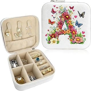 Monogram Jewelry Box Portable Print Jewelry Box, White Compact Jewelry Box Travel Jewelry Case Travel Case Organizer Bag Storage Box Jewelry Holder For Necklace Earrings Rings Bracelet (Letter A)