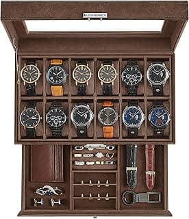 SONGMICS SONGMICS Watch Box, 12-Slot Watch Case Organizer with Large Glass Lid, Brown Synthetic Leather, Brown Lining UJWB012K01V1