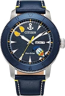 Citizen Eco-Drive Disney Quartz Men's Watch, Stainless Steel with Leather Strap, Donald Duck, Blue (Model: AW0075-06W), Silver-Tone