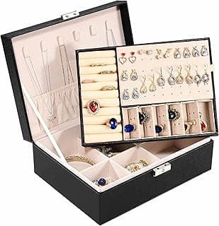 RKINC RKINC Jewelry Organizer, Leather Jewelry Box with Lock, Portable Jewelry Storage Box, Multifunctional Box for Storing Jewelry Rings, Earrings, Bracelets, Necklaces and Watch (Black)