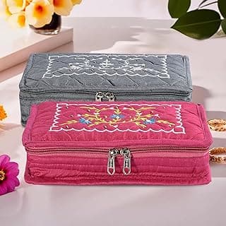 Kuber Industries Kuber Industries (Pack of 2) Embroidery Jewellery Box For Women - 7-Compartments Travel Pouch For Gold Storage & Earrings Organizing- Grey & Dark Pink