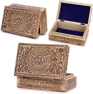 Ajuny Ajuny Wooden Hand Carved Decorative Box With Moon Star Flower Carvings Nautral - Multipurpose Use As Jewelry Storage, Trinket Holder Or Watch Box, Great For Gifts