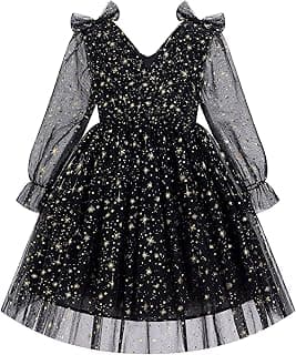 IMEKIS Toddler Kids Girls Tulle Dress Floral Embroidery Sparkly Wedding Party Long Sleeve Fall Photo Shoot Outfit 2-8T